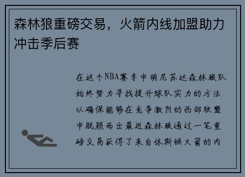 森林狼重磅交易，火箭内线加盟助力冲击季后赛