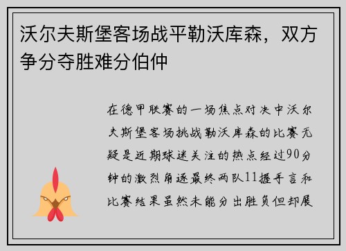 沃尔夫斯堡客场战平勒沃库森，双方争分夺胜难分伯仲